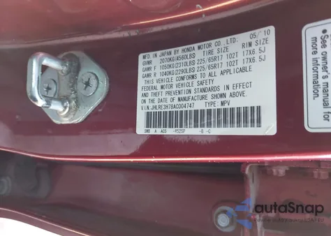 2010 Honda Cr-V Ex-L z USA, uszkodzony, nr VIN JHLRE3H78AC004747